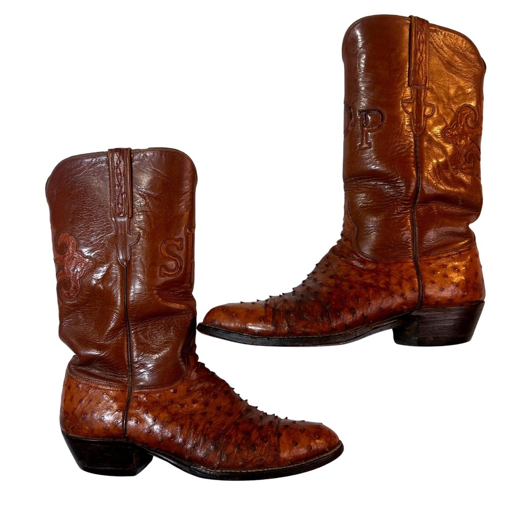 Vintage 80s Lucchese Ostrich Boots Mens 9.5 Brown Western Cowboy Exotic USA